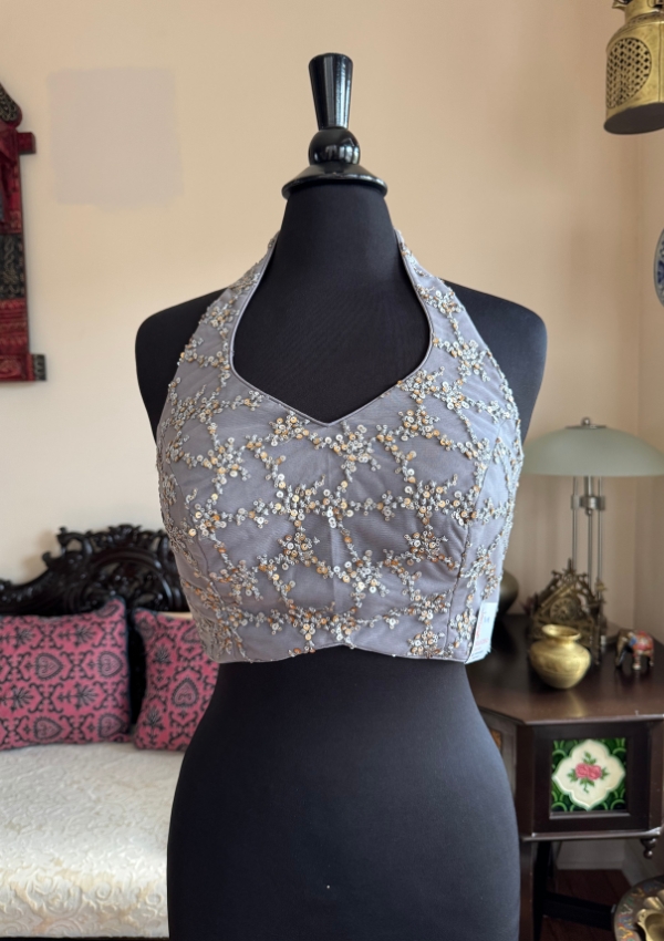 Grey Sequin Embroidered Halter Blouse